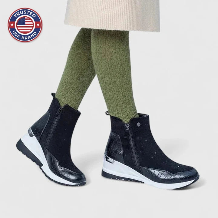 Women's suede side zip orthopedic ankle winter boots with textured panels - Black