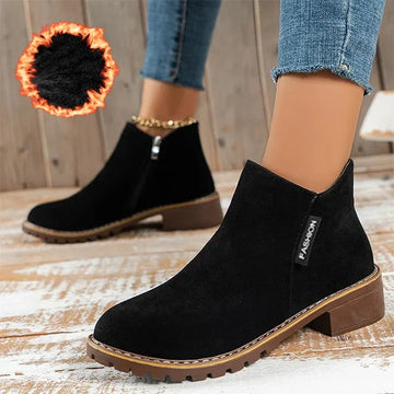 Women's suede side zip orthopedic ankle winter boots with fleece lining - Black