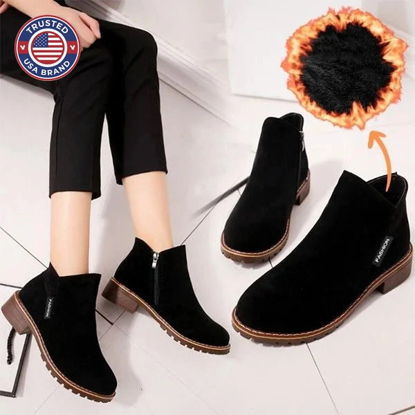 Women's suede side zip orthopedic ankle winter boots with fleece lining - Black