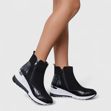 Women's suede side zip orthopedic ankle winter boots with textured panels - Black