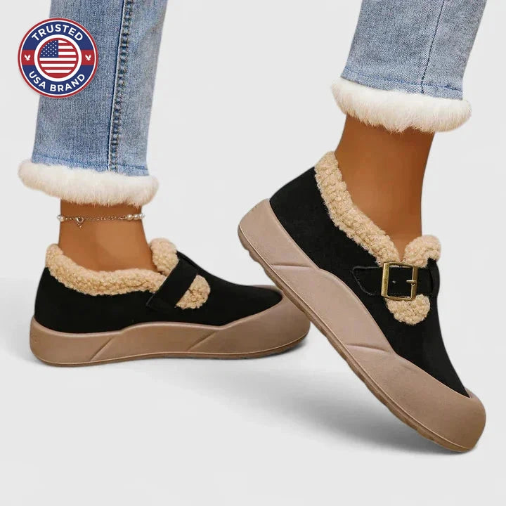 Women's suede orthopedic ankle winter boots with sherpa lining - Black