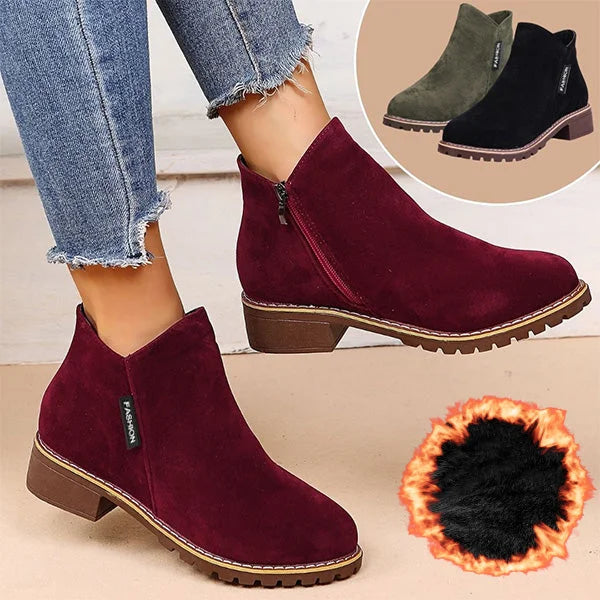 Women's suede side zip orthopedic ankle winter boots with fleece lining - Black