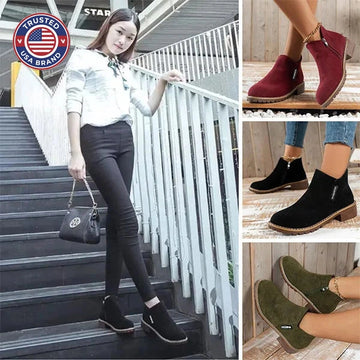 Women's suede side zip orthopedic ankle winter boots with fleece lining - Black