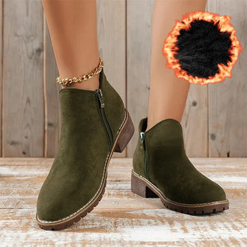 Women's suede side zip orthopedic ankle winter boots with fleece lining - Black