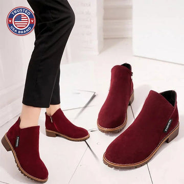 Women's suede side zip orthopedic ankle winter boots with fleece lining - Black