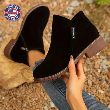 Women's suede side zip orthopedic ankle winter boots with fleece lining - Black