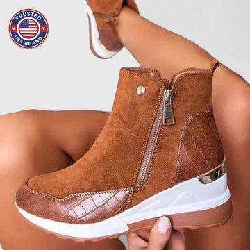 Women's suede side zip orthopedic ankle winter boots with textured panels - Black
