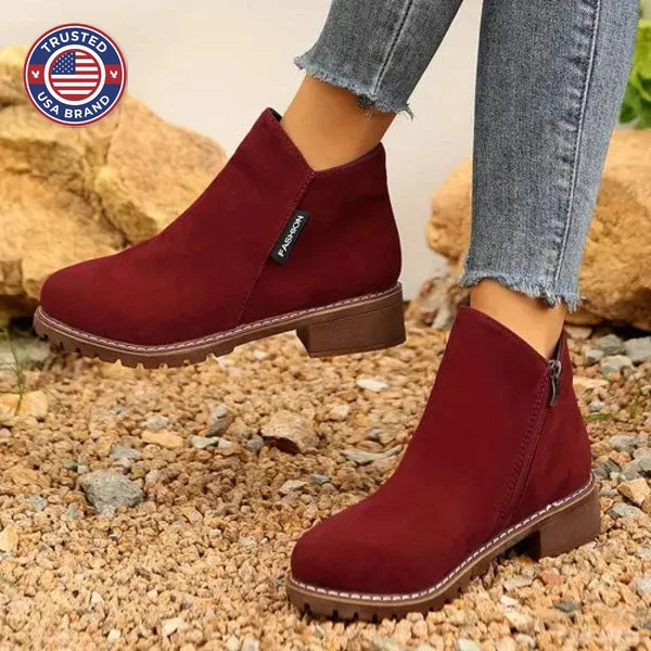 Women's suede side zip orthopedic ankle winter boots with fleece lining - Black