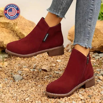 Women's suede side zip orthopedic ankle winter boots with fleece lining - Black