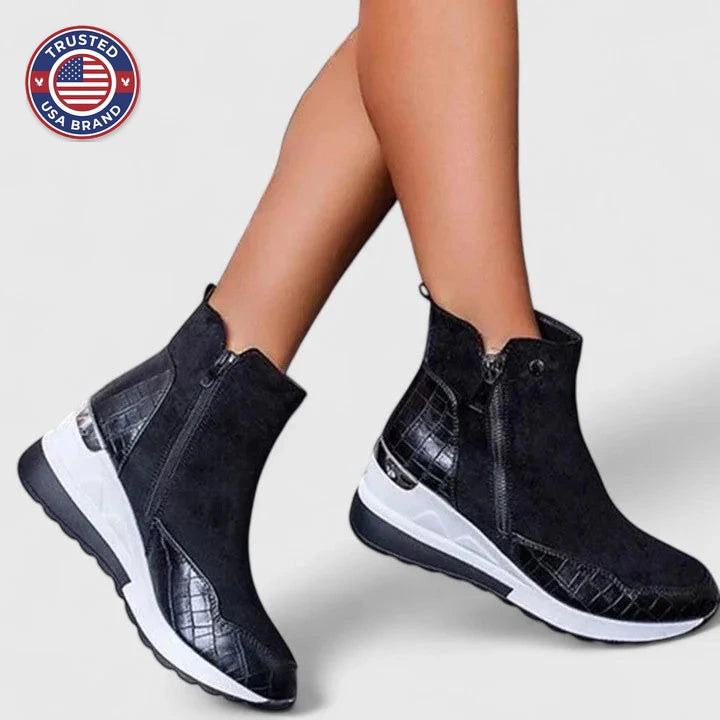 Women's suede side zip orthopedic ankle winter boots with textured panels - Black