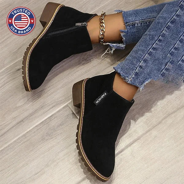 Women's suede side zip orthopedic ankle winter boots with fleece lining - Black