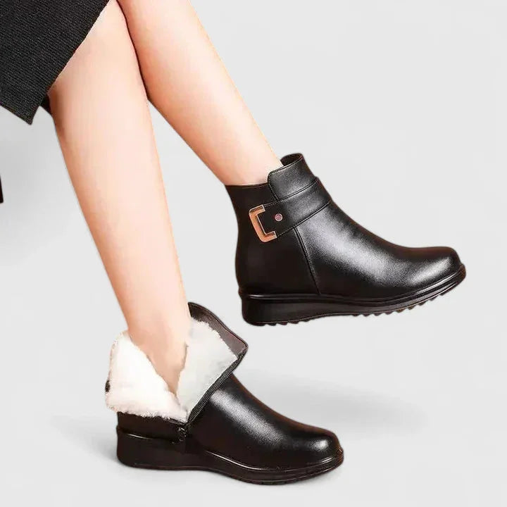 Women's faux leather side zip orthopedic ankle winter boots with buckle detail - Black White
