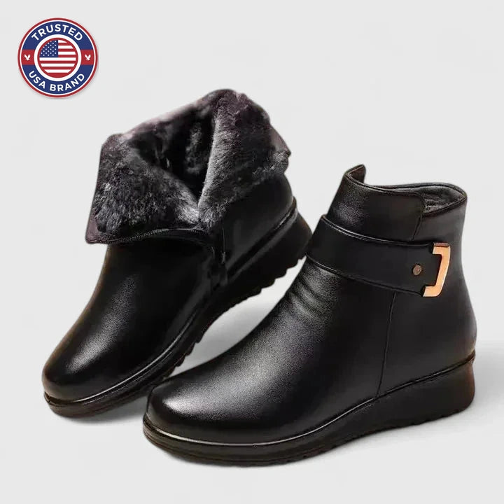 Women's faux leather side zip orthopedic ankle winter boots with buckle detail - Black White