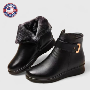 Women's faux leather side zip orthopedic ankle winter boots with buckle detail - Black White