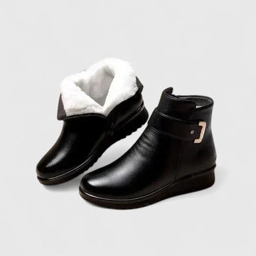 Women's faux leather side zip orthopedic ankle winter boots with buckle detail - Black White