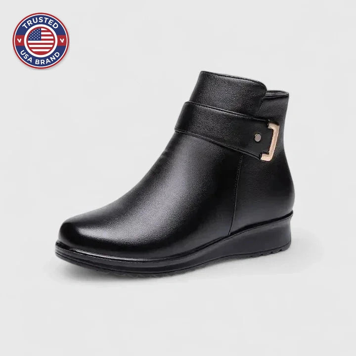 Women's faux leather side zip orthopedic ankle winter boots with buckle detail - Black White