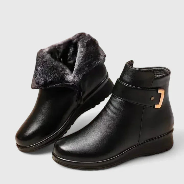 Women's faux leather side zip orthopedic ankle winter boots with buckle detail - Black White