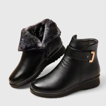 Women's faux leather side zip orthopedic ankle winter boots with buckle detail - Black White