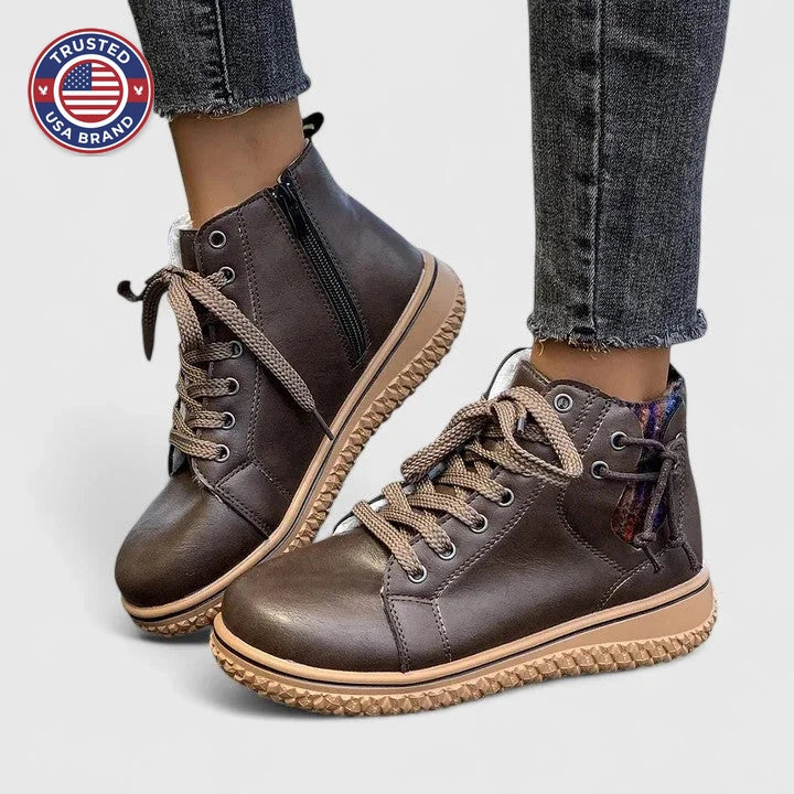 Women's faux leather lace-up orthopedic combat winter boots with chunky sole - Blue