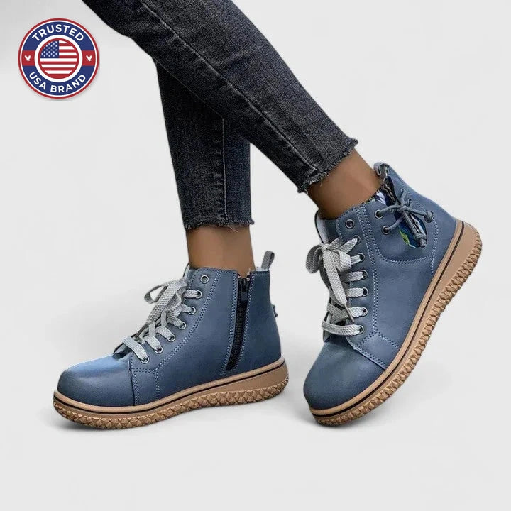 Women's faux leather lace-up orthopedic combat winter boots with chunky sole - Blue