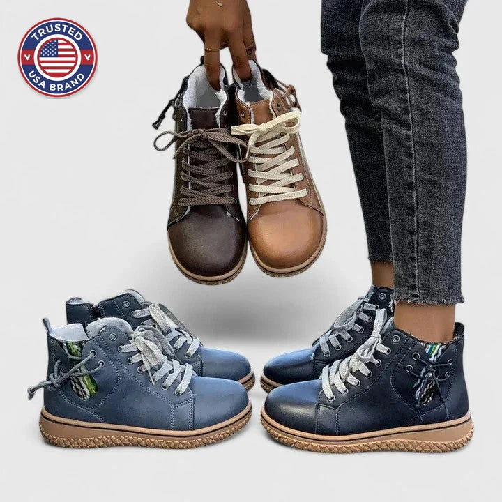 Women's faux leather lace-up orthopedic combat winter boots with chunky sole - Blue