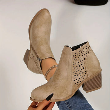 Women's faux leather side zip orthopedic ankle winter boots with laser-cut perforations - Blue