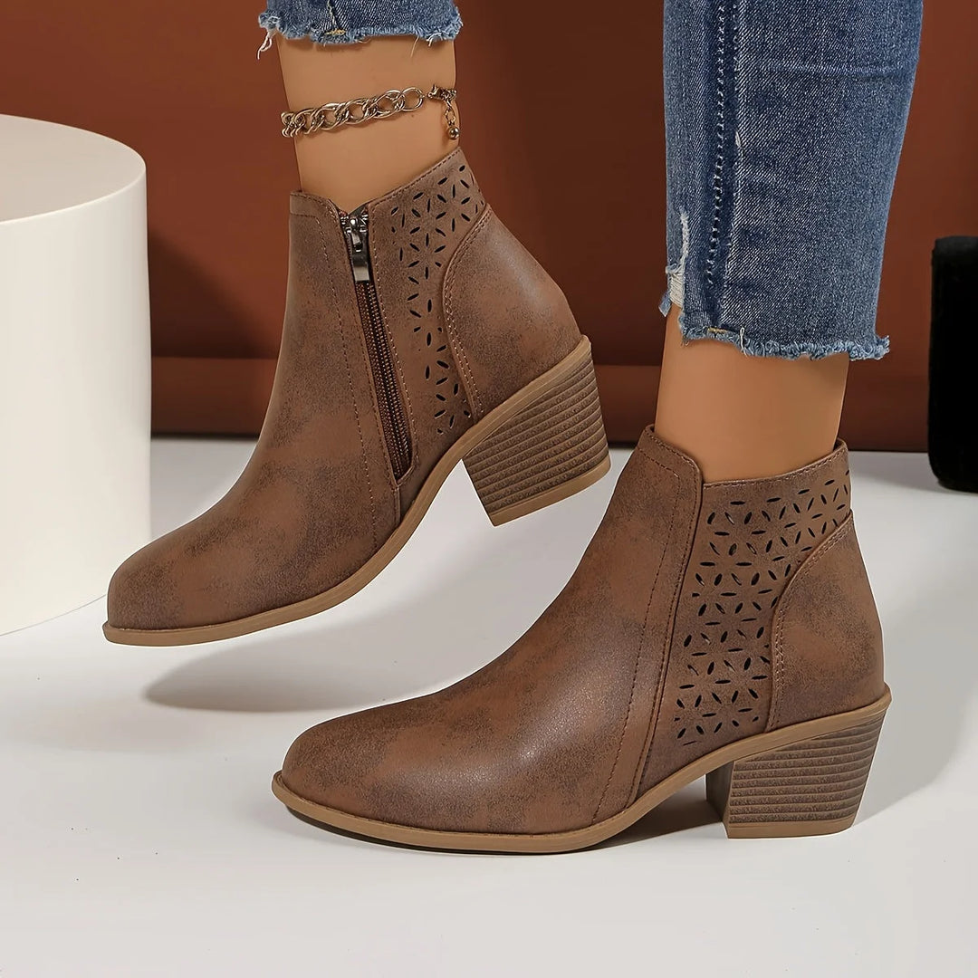 Women's faux leather side zip orthopedic ankle winter boots with laser-cut perforations - Blue