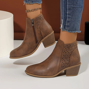 Women's faux leather side zip orthopedic ankle winter boots with laser-cut perforations - Blue