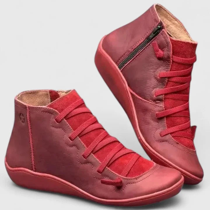 Women's faux leather lace-up orthopedic ankle winter boots with side zip - Blue