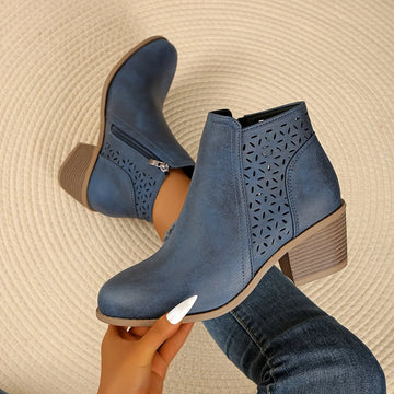 Women's faux leather side zip orthopedic ankle winter boots with laser-cut perforations - Blue