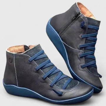 Women's faux leather lace-up orthopedic ankle winter boots with side zip - Blue