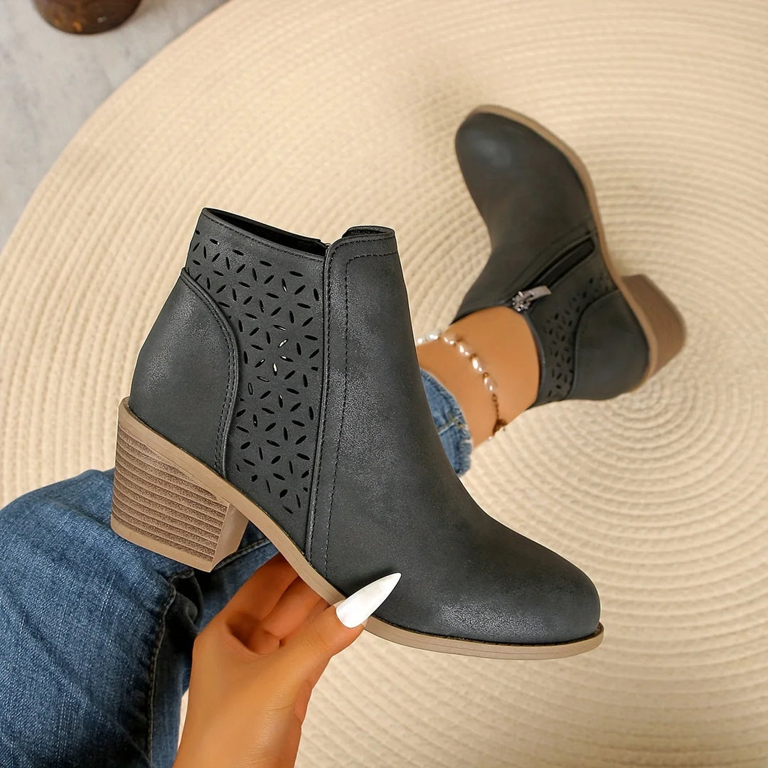 Women's faux leather side zip orthopedic ankle winter boots with laser-cut perforations - Blue