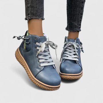 Women's faux leather lace-up orthopedic combat winter boots with chunky sole - Blue