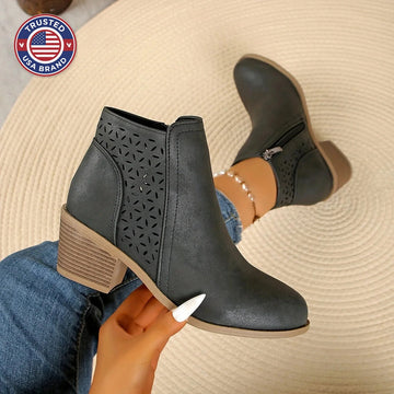 Women's faux leather side zip orthopedic ankle winter boots with laser-cut perforations - Blue