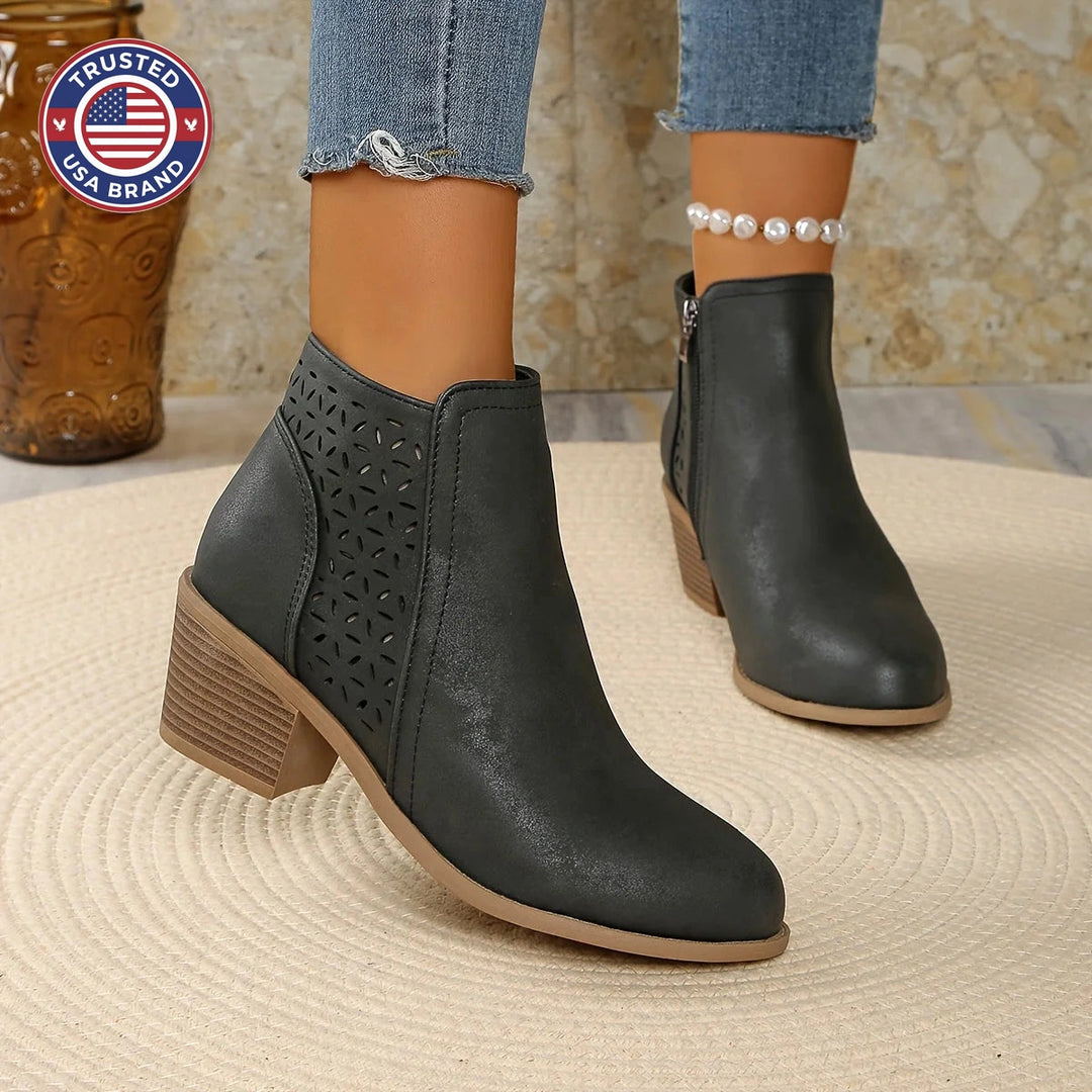 Women's faux leather side zip orthopedic ankle winter boots with laser-cut perforations - Blue