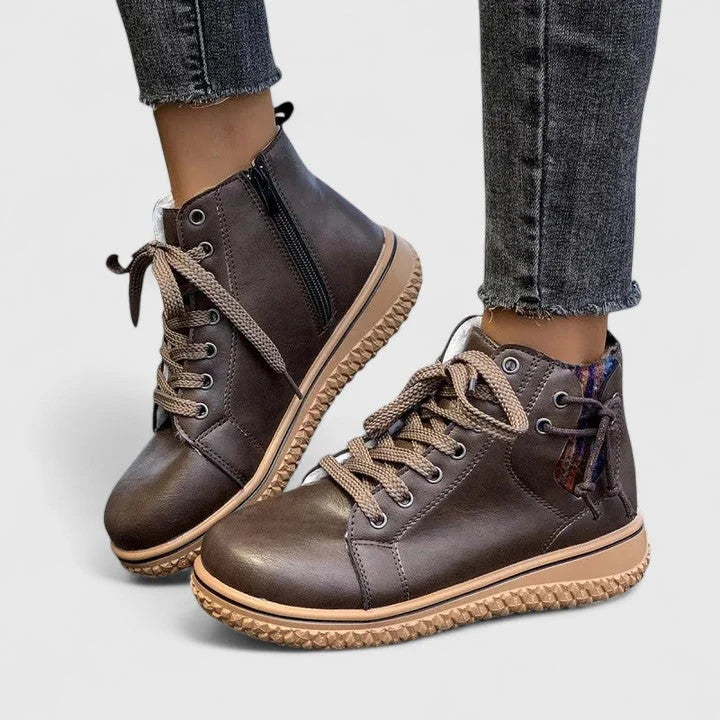 Women's faux leather lace-up orthopedic combat winter boots with chunky sole - Blue
