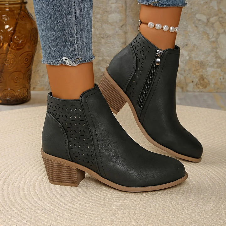 Women's faux leather side zip orthopedic ankle winter boots with laser-cut perforations - Blue