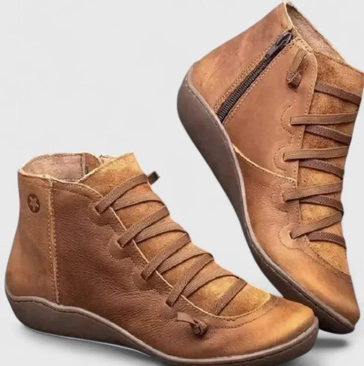 Women's faux leather lace-up orthopedic ankle winter boots with side zip - Blue