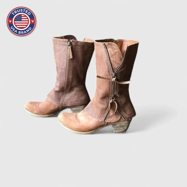 Women's suede side zip orthopedic heeled winter boots with decorative zippers - Brown