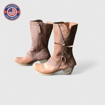 Women's suede side zip orthopedic heeled winter boots with decorative zippers - Brown