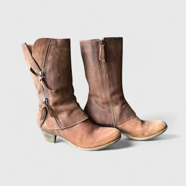 Women's suede side zip orthopedic heeled winter boots with decorative zippers - Brown