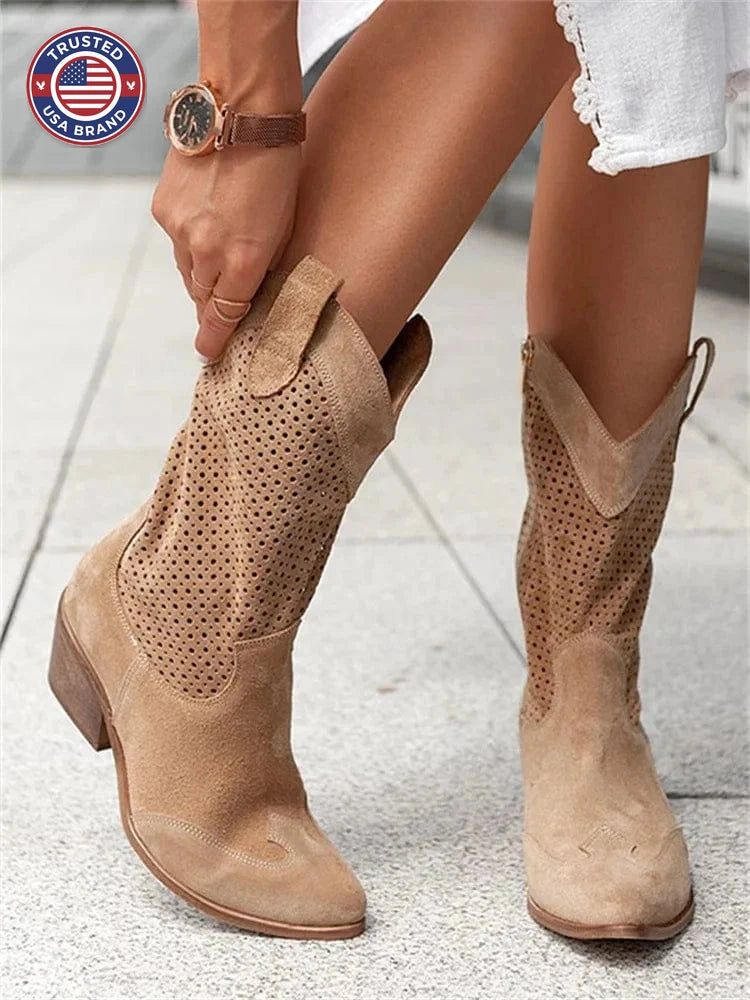 Women's suede side zip orthopedic western winter boots with perforated shaft - Brown
