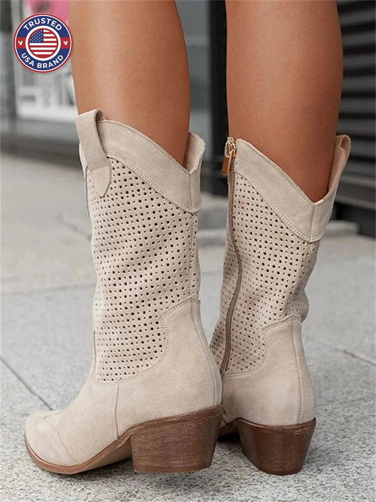 Women's suede side zip orthopedic western winter boots with perforated shaft - Brown