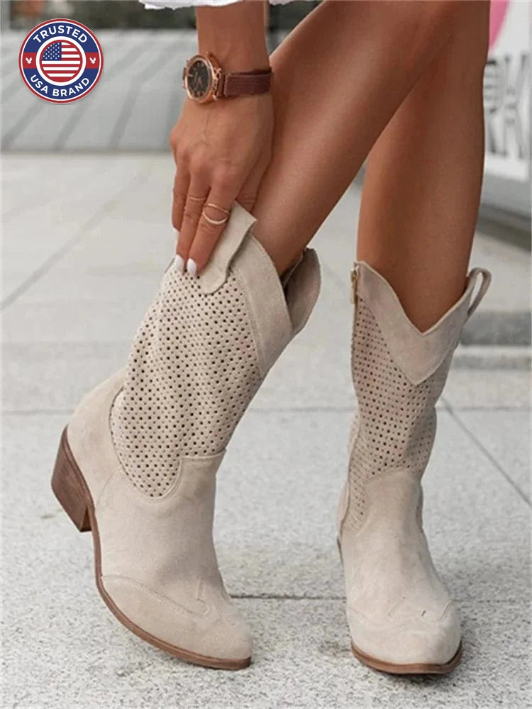 Women's suede side zip orthopedic western winter boots with perforated shaft - Brown