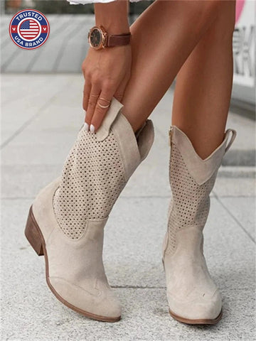 Women's suede side zip orthopedic western winter boots with perforated shaft - Brown