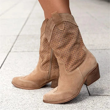 Women's suede side zip orthopedic western winter boots with perforated shaft - Brown