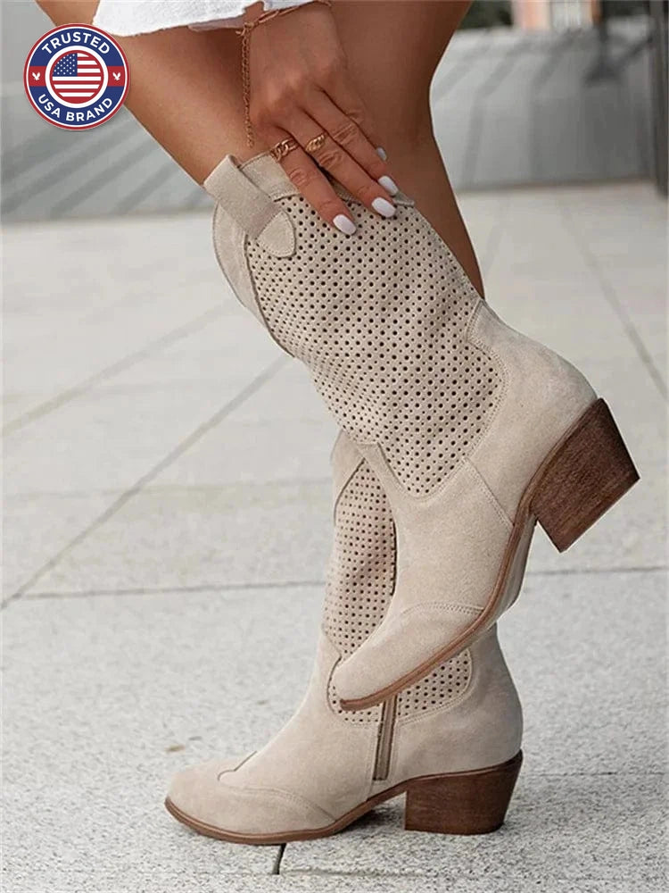 Women's suede side zip orthopedic western winter boots with perforated shaft - Brown