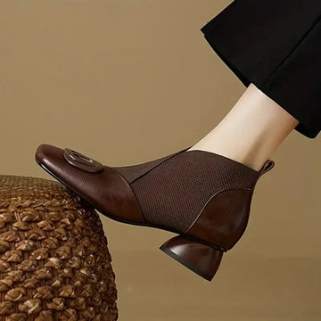 Women's faux leather orthopedic ankle winter boots with square toe - Brown