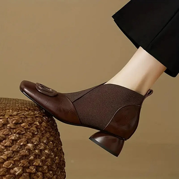 Women's faux leather orthopedic ankle winter boots with square toe - Brown