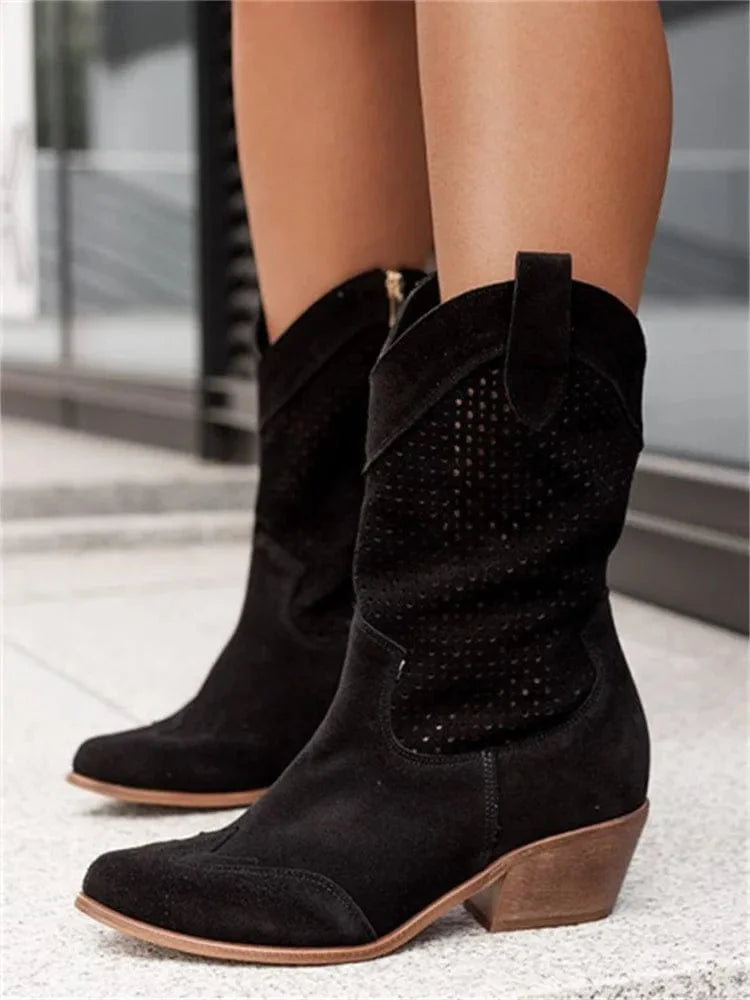 Women's suede side zip orthopedic western winter boots with perforated shaft - Brown